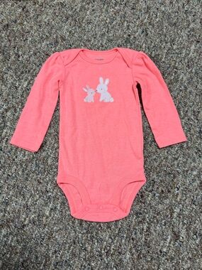 Kids Long-Sleeve One-Piece Bodysuit in Coral with Bunnies